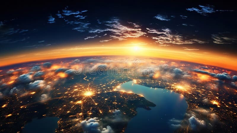 Panoramic view on planet Earth globe from space. Glowing city lights, light clouds. Generative AI stock illustration