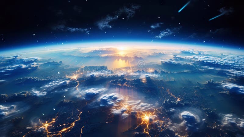 Panoramic view on planet Earth globe from space. Glowing city lights, light clouds. Generative AI vector illustration
