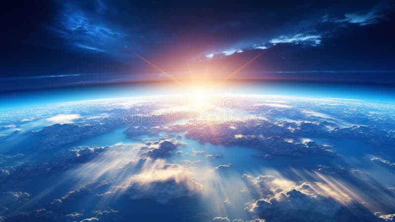 Panoramic view on planet Earth globe from space. Glowing city lights, light clouds. Generative AI stock illustration