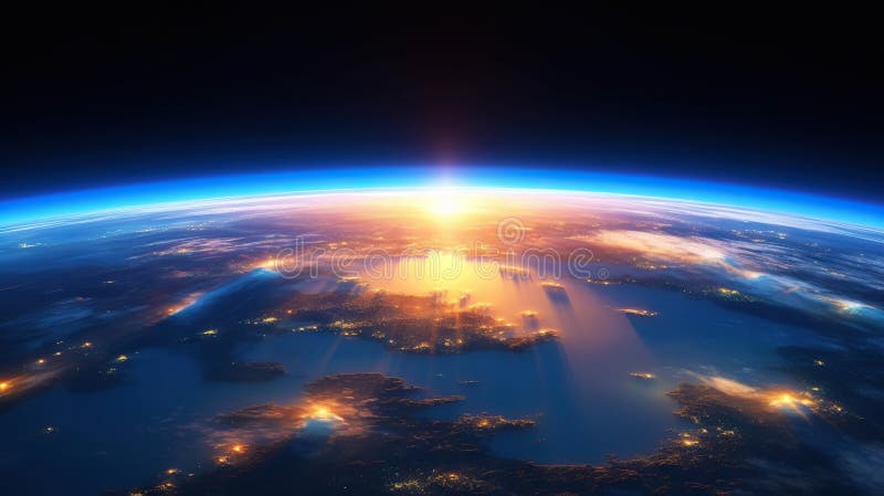Panoramic view on planet Earth globe from space. Glowing city lights, light clouds. Generative AI vector illustration