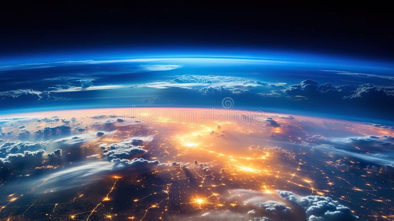 Panoramic view on planet Earth globe from space. Glowing city lights, light clouds. Generative AI vector illustration