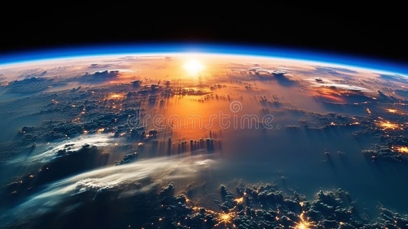 Panoramic view on planet Earth globe from space. Glowing city lights, light clouds. Generative AI stock illustration