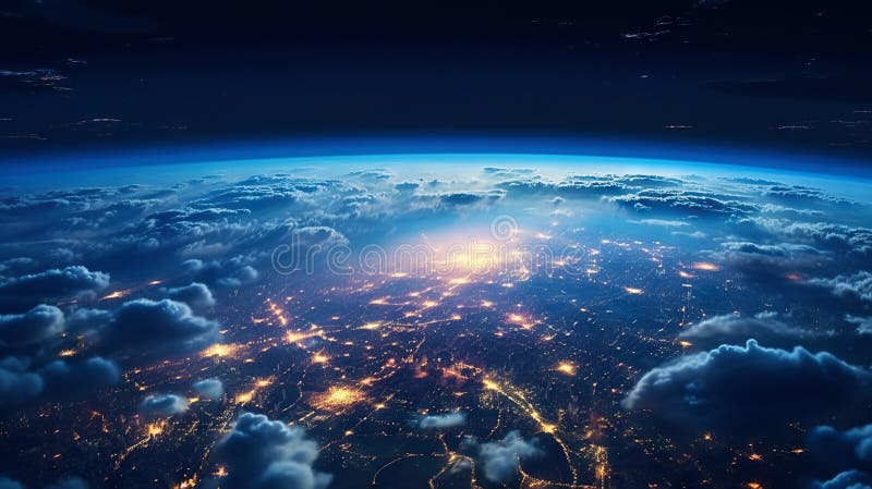 Panoramic view on planet Earth globe from space. Glowing city lights, light clouds. Generative AI royalty free illustration
