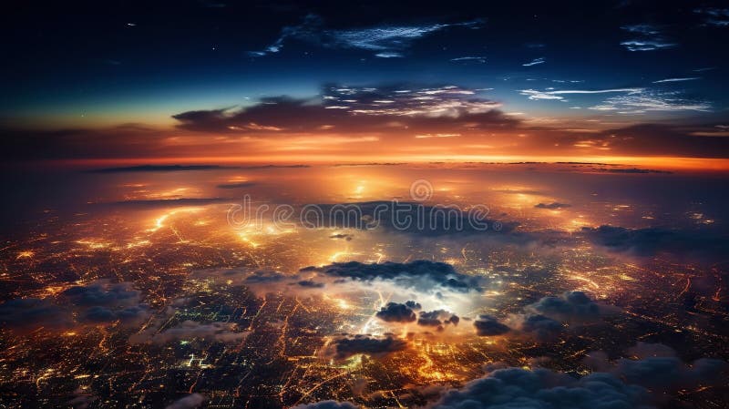 Panoramic view on planet Earth globe from space. Glowing city lights, light clouds. Generative AI stock illustration