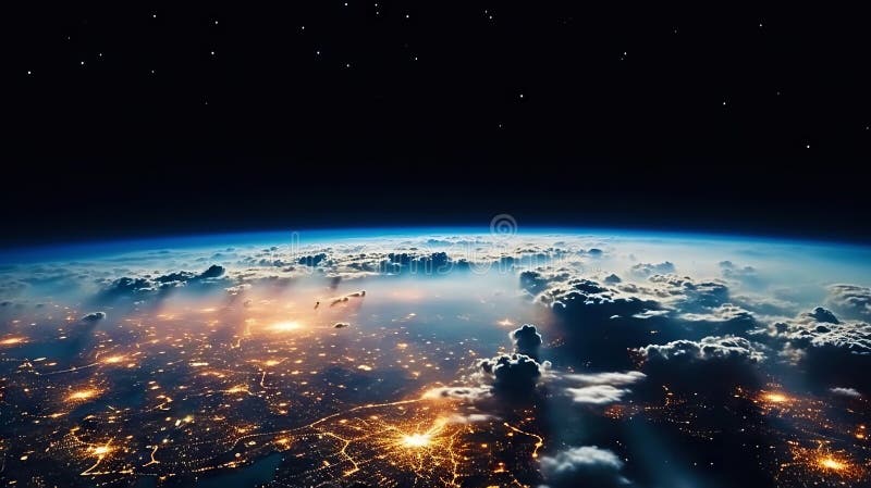 Panoramic view on planet Earth globe from space. Glowing city lights, light clouds. Generative AI vector illustration