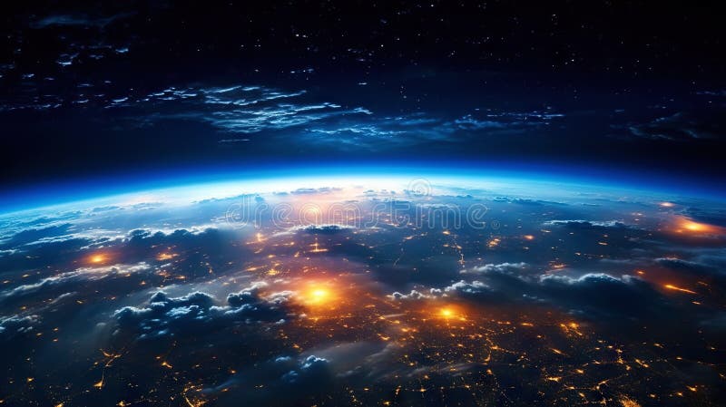 Panoramic view on planet Earth globe from space. Glowing city lights, light clouds. Generative AI stock illustration