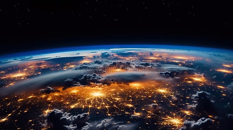 Panoramic view on planet Earth globe from space. Glowing city lights, light clouds. Generative AI royalty free illustration