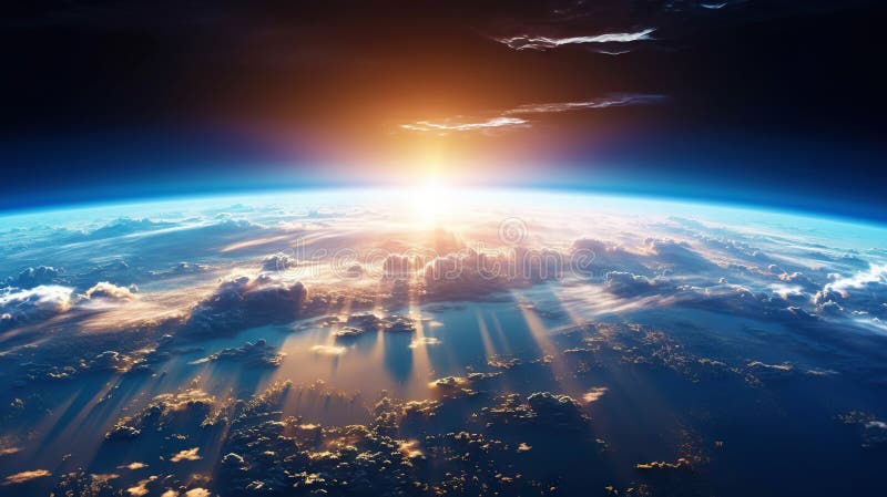 Panoramic view on planet Earth globe from space. Glowing city lights, light clouds. Generative AI stock illustration