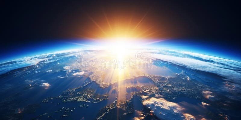 Panoramic view on planet Earth globe from space with rising sun. Glowing city lights, light clouds. Generative AI stock photo