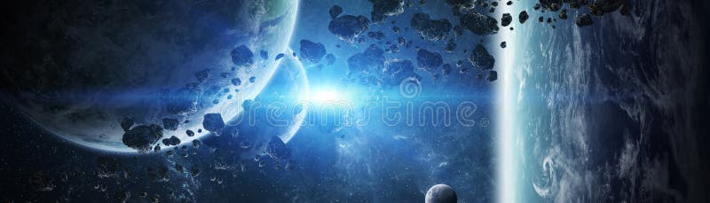 Panoramic view of planets in distant solar system 3D rendering e stock illustration Panoramic view of planets in distant solar system 3D rendering e stock illustration