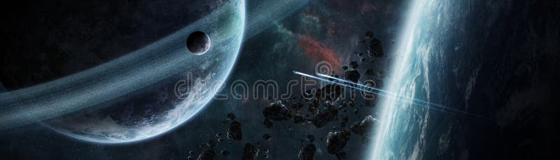 Panoramic view of planets in distant solar system 3D rendering e royalty free illustration Panoramic view of planets in distant solar system 3D rendering e royalty free illustration