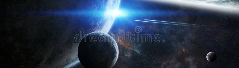 Panoramic view of planets in distant solar system 3D rendering e vector illustration Panoramic view of planets in distant solar system 3D rendering e vector illustration