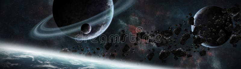 Panoramic view of planets in distant solar system 3D rendering e stock illustration Panoramic view of planets in distant solar system 3D rendering e stock illustration