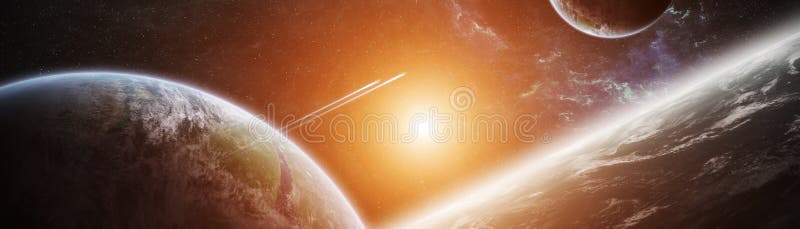 Panoramic view of planets in distant solar system 3D rendering e vector illustration Panoramic view of planets in distant solar system 3D rendering e vector illustration