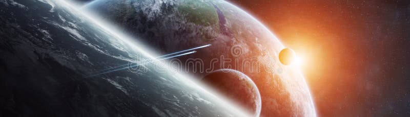 Panoramic view of planets in distant solar system 3D rendering e stock illustration Panoramic view of planets in distant solar system 3D rendering e stock illustration