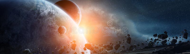 Panoramic view of planets in distant solar system 3D rendering e stock illustration Panoramic view of planets in distant solar system 3D rendering e stock illustration