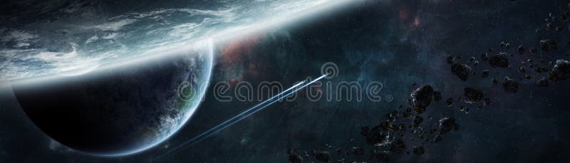 Panoramic view of planets in distant solar system 3D rendering e stock illustration Panoramic view of planets in distant solar system 3D rendering e stock illustration