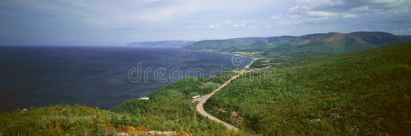 Panoramic view of Pleasant Bay in Cape Breton, Nova Scotia, Canada royalty free stock photo Panoramic view of Pleasant Bay in Cape Breton, Nova Scotia, Canada royalty free stock photo