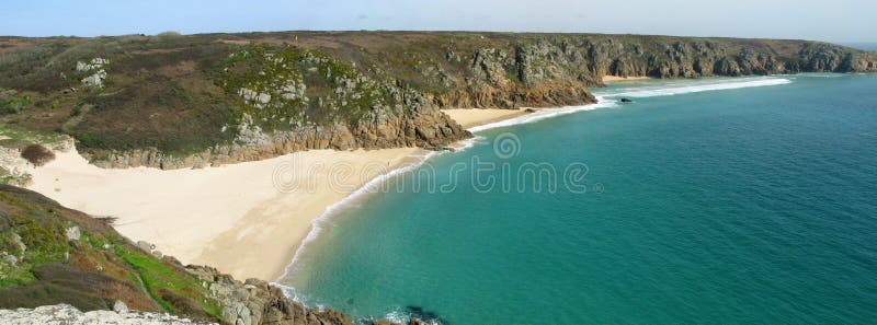 Panoramic view of Porthcurno beach, Cornwall UK.