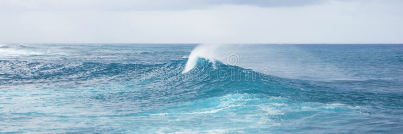 Panoramic view of the powerful splash sea wave with sprays and foam stock image