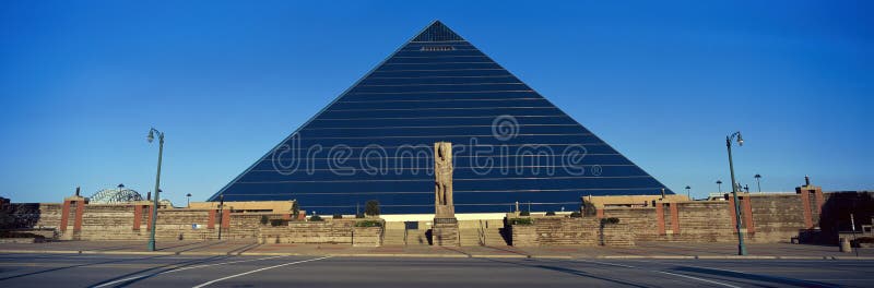 Panoramic view of the Pyramid Sports Arena in Memphis, TN with statue of Ramses at entrance