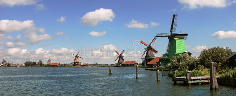 Panoramic view on river and winmills. royalty free stock image Panoramic view on river and winmills. royalty free stock image