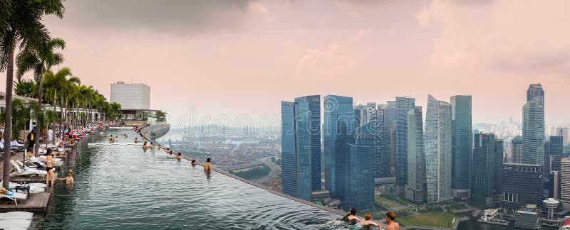 Panoramic view of the roof top swimming pool at the Marina Bay Sands Hotel in Singapore royalty free stock photo Panoramic view of the roof top swimming pool at the Marina Bay Sands Hotel in Singapore royalty free stock photo