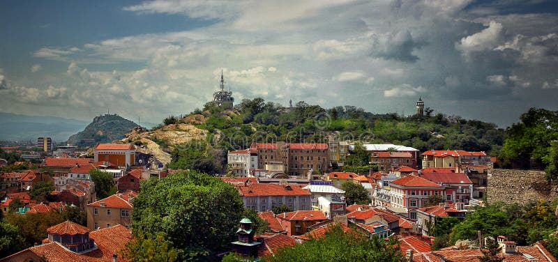 Panoramic view of rooftops and hills of Plovdiv, Bulgaria.