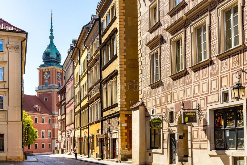 Panoramic view of Royal Castle Square - Plac Zamkowy â€“ and Zamek Krolewski seen from Swietojanska street in Stare Miasto Old