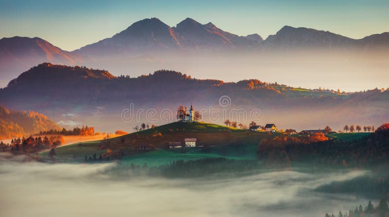 Panoramic view of Saint Tomas church, Slovenia royalty free stock photography Panoramic view of Saint Tomas church, Slovenia royalty free stock photography