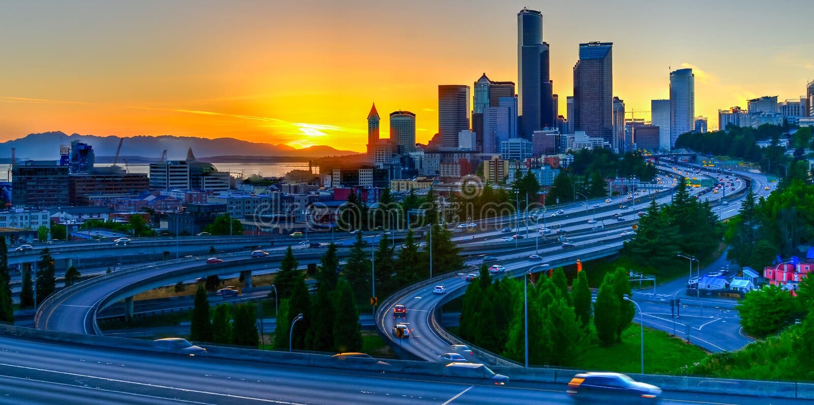 Seattle Sunset in Summertime from Rizal Bridge Stock Image Image of