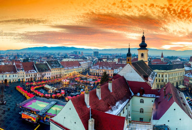 Panoramic view of Sibiu central square in Transylvania, Romania. City also known as Hermannstadt. Sunset HDR hi-resolution photography stock photos Panoramic view of Sibiu central square in Transylvania, Romania. City also known as Hermannstadt. Sunset HDR hi-resolution photography stock photos