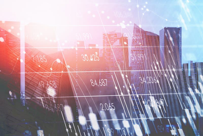 Panoramic view of Singapore financial city center with flare. Forex chart, candlestick, graph and diagram in the foreground. Concept of stock market trading. Rising and falling the value of currency