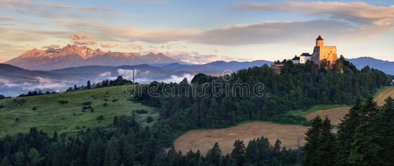 Panoramic view of Slovakia with Tatras moutain and Stara Lubovna castle