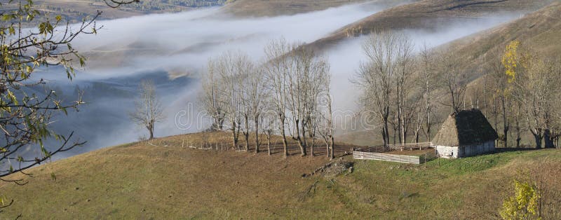 Panoramic view of Small cottage in the mountains