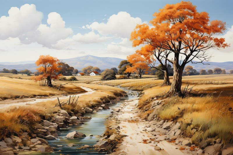 Panoramic view of a small stream running through an autumn landscape Generative AI Generative AI design for Instagram, Facebook wall painting Generative AI