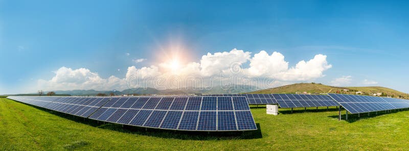 Panoramic view of solar panels, photovoltaics stock image