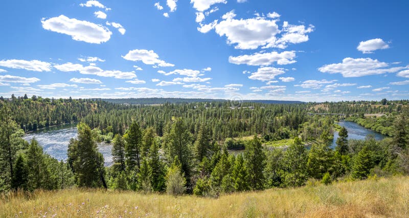 Panoramic view of the Spokane River from the Audubon Downriver overlook in Spokane, Washington. royalty free stock images Panoramic view of the Spokane River from the Audubon Downriver overlook in Spokane, Washington. royalty free stock images