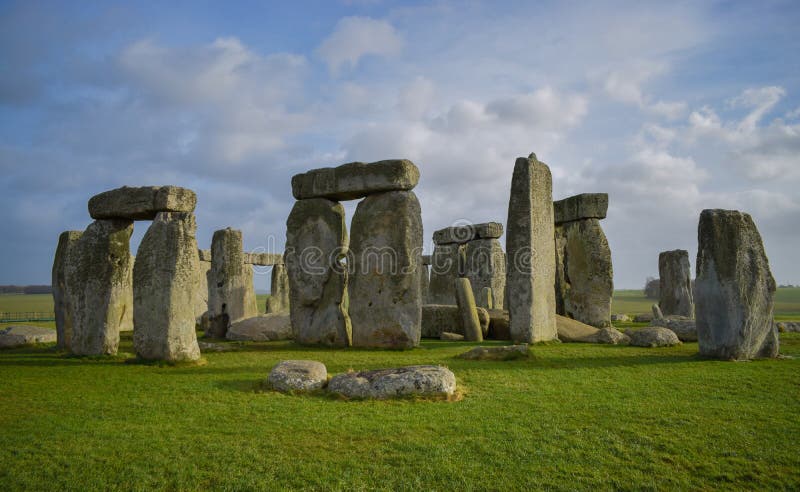 Panoramic view of Stonehenge landscape, prehistoric stone monument stock photo Panoramic view of Stonehenge landscape, prehistoric stone monument stock photo