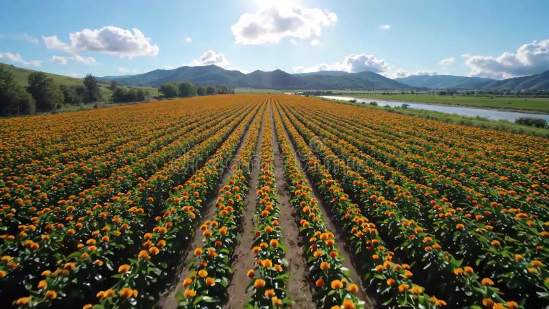 Panoramic view of sunflower fields, Generative AI royalty free illustration