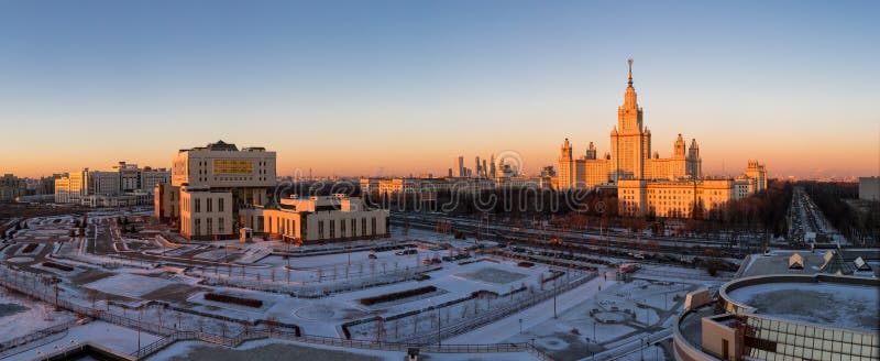 Panoramic view of sunset campus of Moscow State University in winter