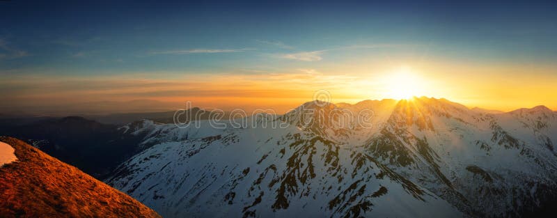 Panoramic view of sunset at western tatra mountain royalty free stock photos Panoramic view of sunset at western tatra mountain royalty free stock photos