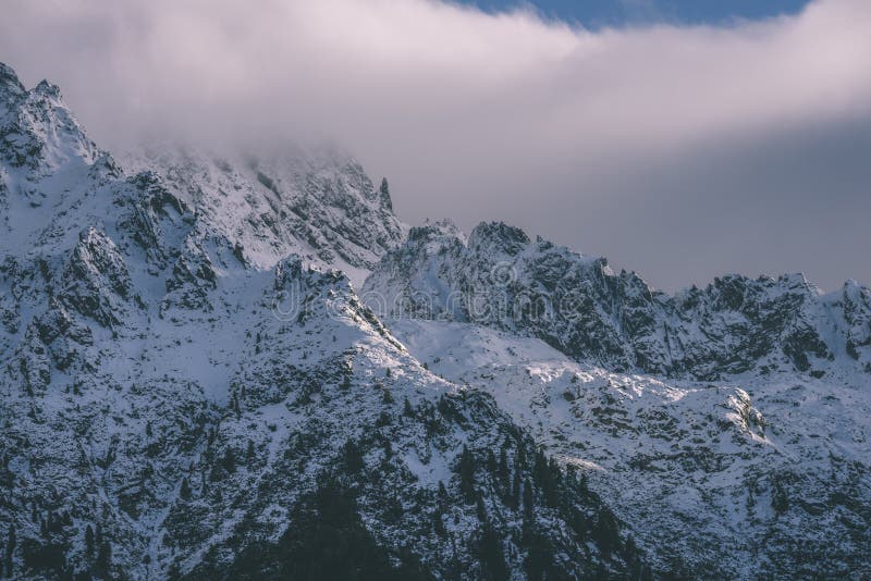 Panoramic view of Tatra mountains in Slovakia covered with snow