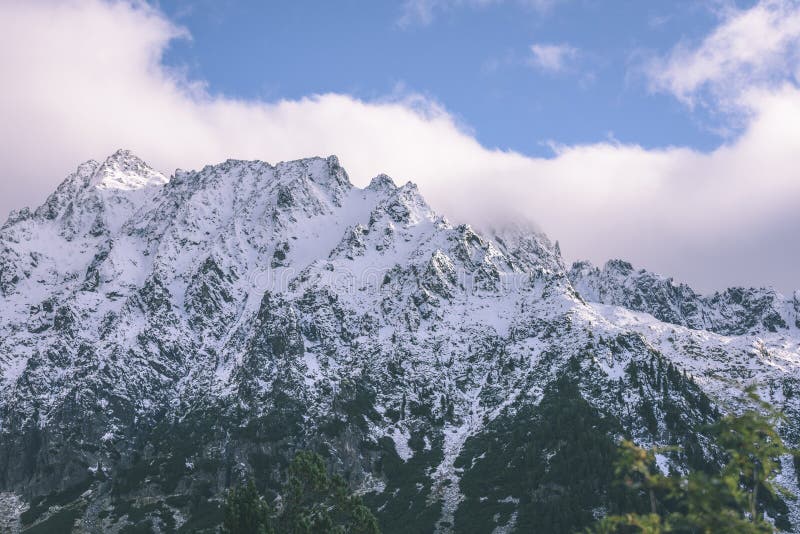 Panoramic view of Tatra mountains in Slovakia covered with snow