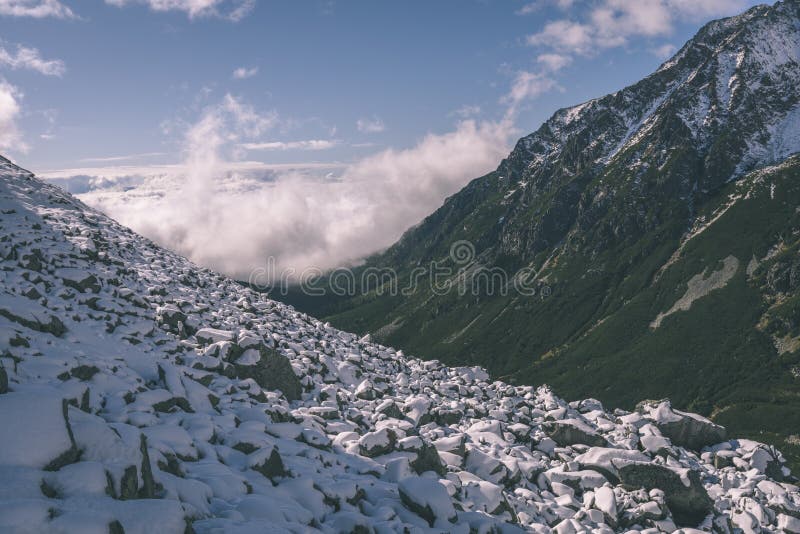 Panoramic view of Tatra mountains in Slovakia covered with snow