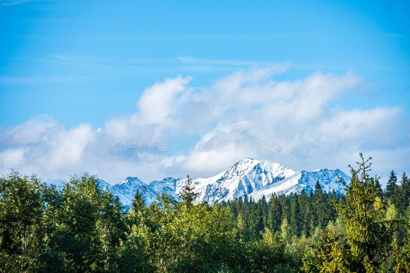 Panoramic view of tatra mountains in slovakia in sunny day with blue sky