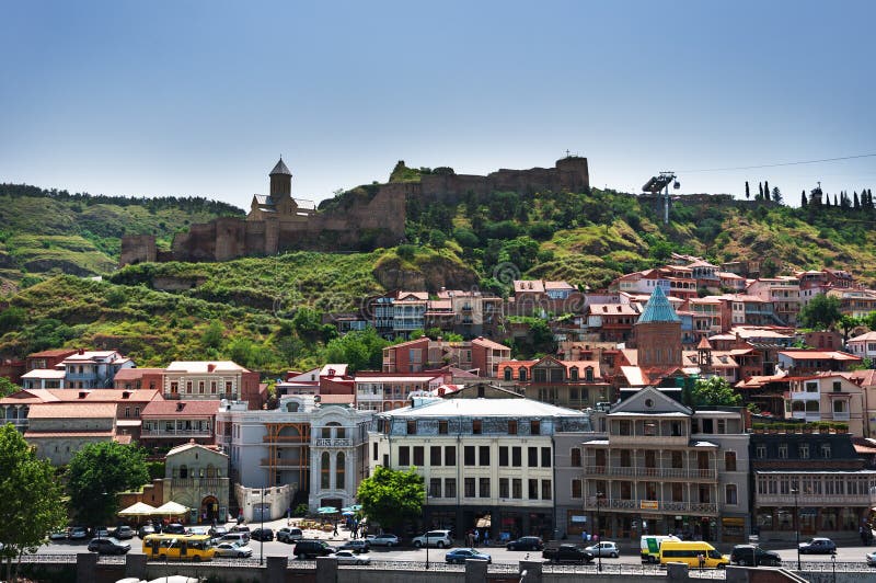 Panoramic view of Tbilisi Old Town with Narikala Fortress, Georgia stock photos Panoramic view of Tbilisi Old Town with Narikala Fortress, Georgia stock photos