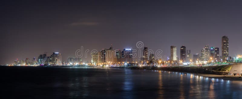 Panoramic view of Tel Aviv, city and bay at night. View from promenade of Old City Yafo, Israel stock images Panoramic view of Tel Aviv, city and bay at night. View from promenade of Old City Yafo, Israel stock images