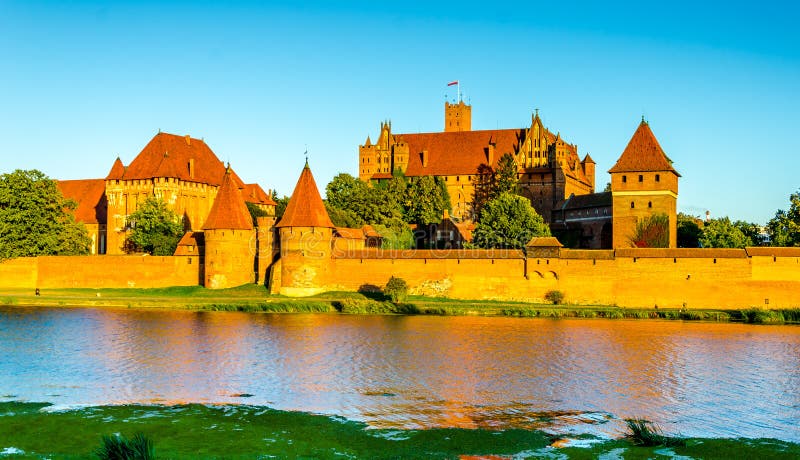 Panoramic view of the Teutonic Order Castle in Malbork during sunset royalty free stock photography