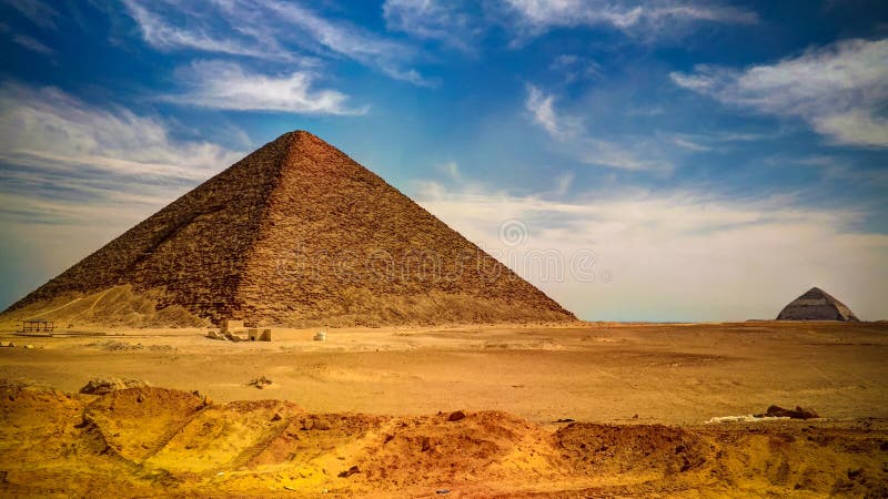 Panoramic view to Bent Pyramid of Sneferu Pharao and Red satellite Pyramid at Dahhsur, Cairo, Egypt stock images